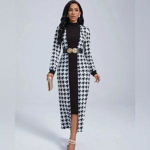 Houndstooth Print Belted Longline Blazer Dress - Black and White